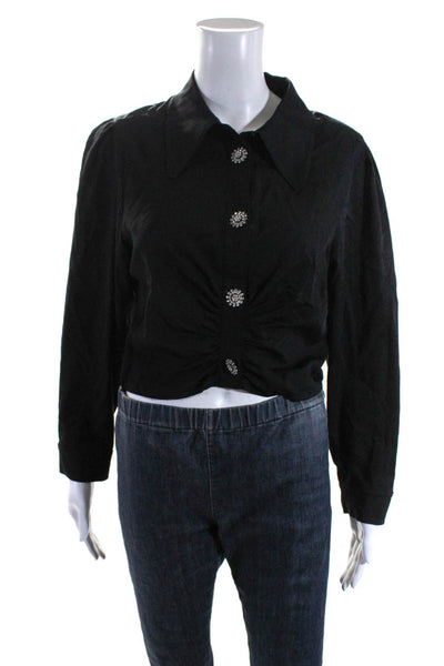 Ba&Sh Womens Ruched Long Sleeve Cropped Crystal Button Up Shirt Black Size L