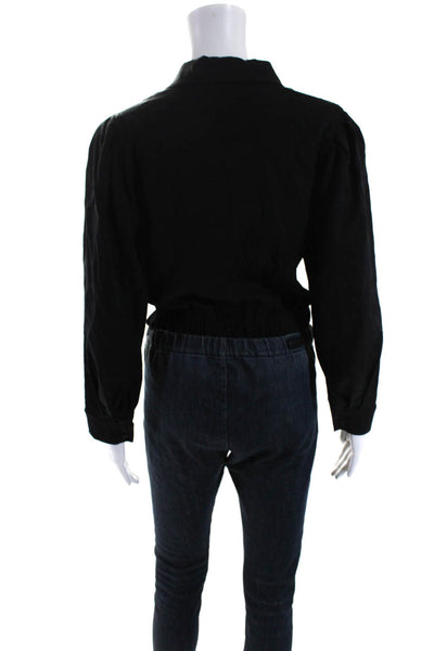 Ba&Sh Womens Ruched Long Sleeve Cropped Crystal Button Up Shirt Black Size L