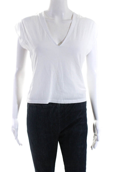 Frame Womens Cotton V Neck Cropped Sleeveless T shirt White Size S