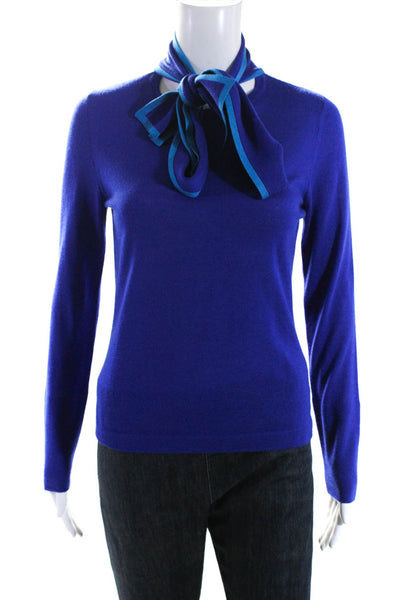 Escada Womens Crew Neck Scarf Pussycat Bow Sweater Blue Silk Size Small