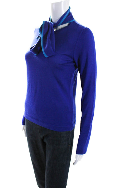 Escada Womens Crew Neck Scarf Pussycat Bow Sweater Blue Silk Size Small