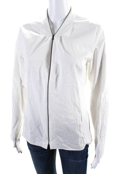 Elie Tahari Womens White Cotton V-Neck Zip Front Long Sleeve Blouse Top Size S