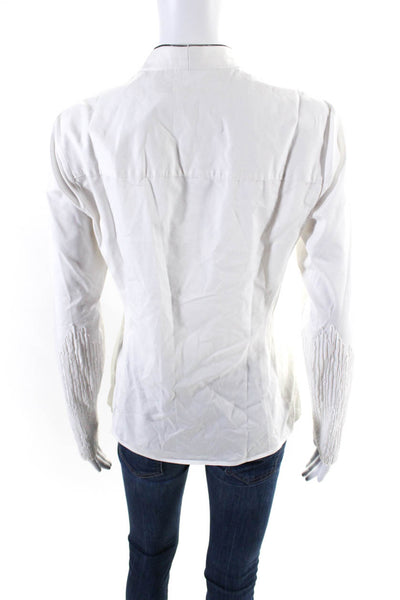 Elie Tahari Womens White Cotton V-Neck Zip Front Long Sleeve Blouse Top Size S