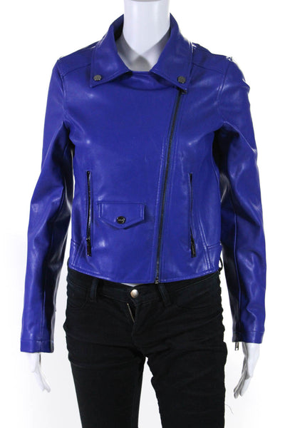 DKNY Womens Faux Leather Asymmetrical Moto Jacket Blue Size Extra Small