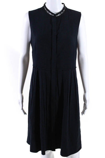 Elie Tahari Womens Lace High Neck Crepe Pleated A Line Shirt Dress Navy Size 8