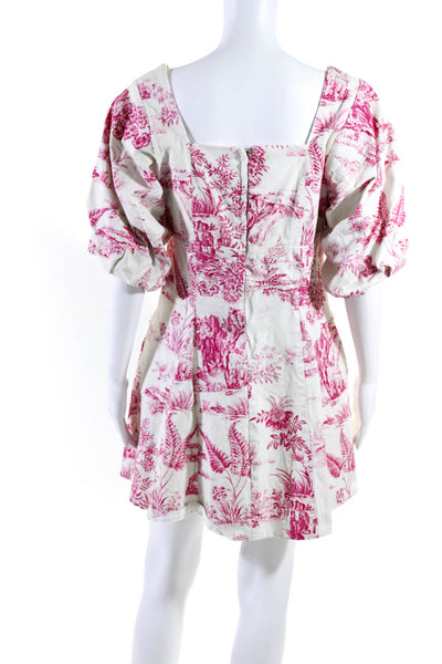 Nicholas Womens Toile Print Cotton Twill Puff Sleeve Dress Pink Size 14