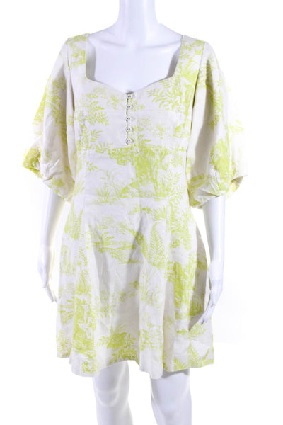 Nicholas Womens Linen Toile Print Square Neck Puff Sleeve Dress Yellow Size 14