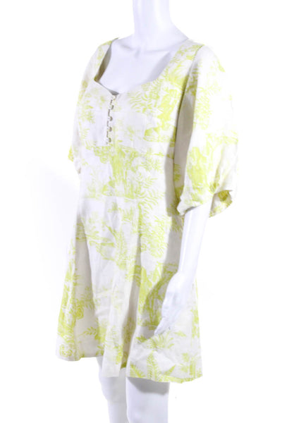 Nicholas Womens Linen Toile Print Square Neck Puff Sleeve Dress Yellow Size 14