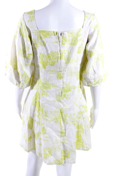 Nicholas Womens Linen Toile Print Square Neck Puff Sleeve Dress Yellow Size 14