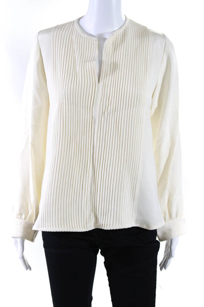 Ann Mashburn Womens Long Sleeve Pleated V Neck Blouse Cream Size M