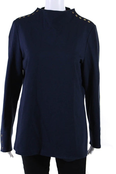 Elizabeth McKay Womens Mock Neck Buttoned Long Sleeve Blouse Blue Size L