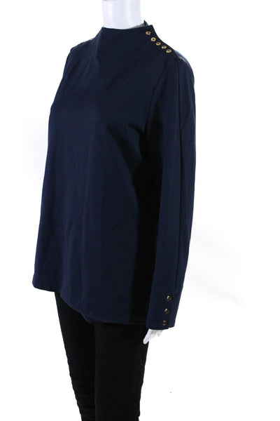 Elizabeth McKay Womens Mock Neck Buttoned Long Sleeve Blouse Blue Size L