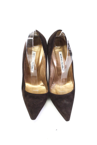 Manolo Blahnik Womens Suede Pointed Toe Gold Tone Pumps Brown Size 37.5 7.5