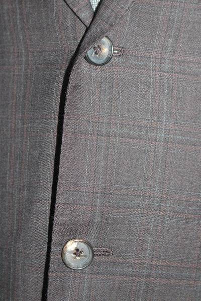 Isaia Mens Dark Brown Wool Plaid Two Button Long Sleeve Blazer Size 52R