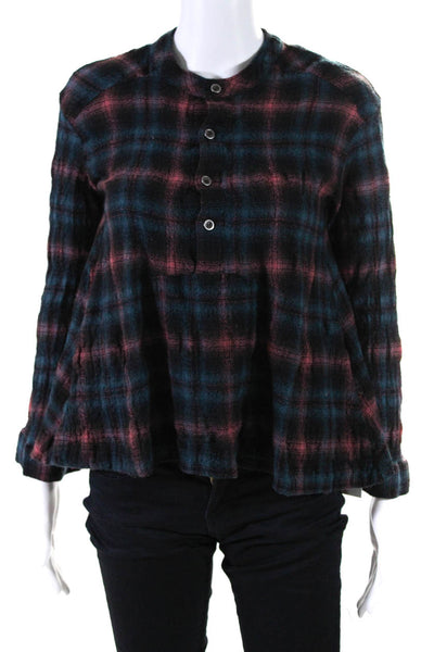 Free People Womens Button Front Crew Neck Plaid Shirt Black Pink Blue Wool XS