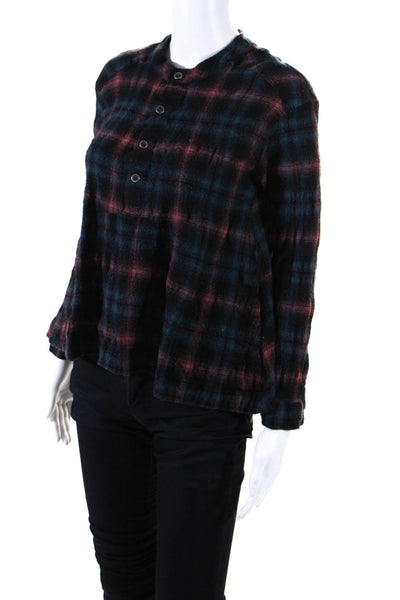 Free People Womens Button Front Crew Neck Plaid Shirt Black Pink Blue Wool XS