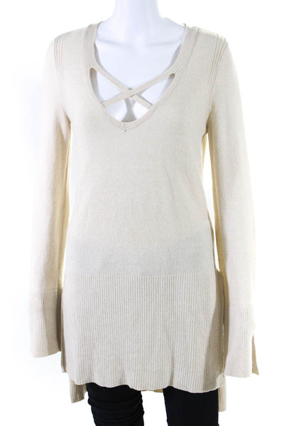 Free People Womens Long Sleeve V Neck Side Slit Sweater Beige Size Small