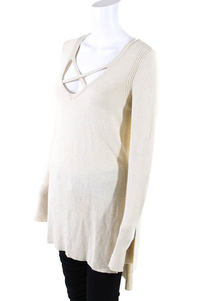 Free People Womens Long Sleeve V Neck Side Slit Sweater Beige Size Small