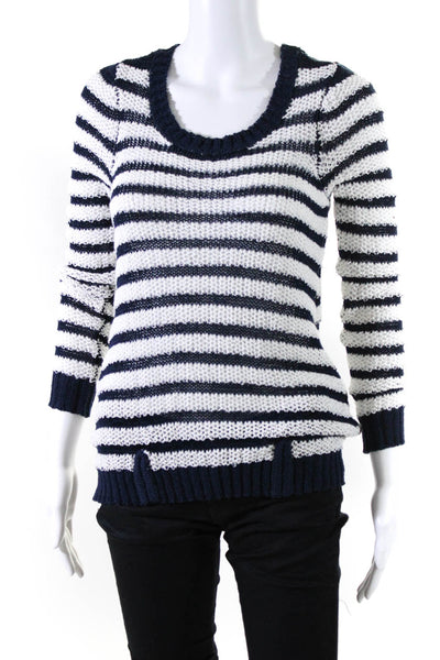 Joes Jeans Womens Scoop Neck Open Knit Striped Sweater White Navy Cotton Size XS