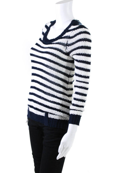 Joes Jeans Womens Scoop Neck Open Knit Striped Sweater White Navy Cotton Size XS