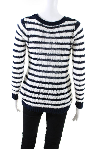 Joes Jeans Womens Scoop Neck Open Knit Striped Sweater White Navy Cotton Size XS