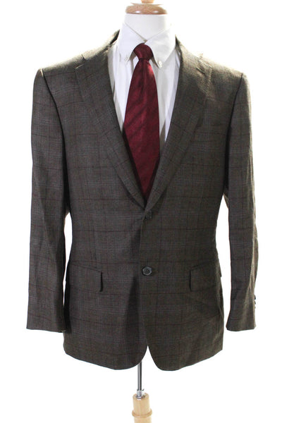 Isaia Mens Brown Wool Plaid Two Button Long Sleeve Blazer Jacket Size 52L