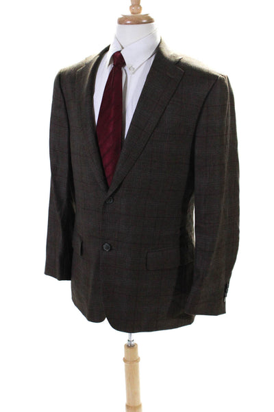 Isaia Mens Brown Wool Plaid Two Button Long Sleeve Blazer Jacket Size 52L