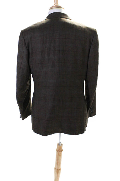 Isaia Mens Brown Wool Plaid Two Button Long Sleeve Blazer Jacket Size 52L