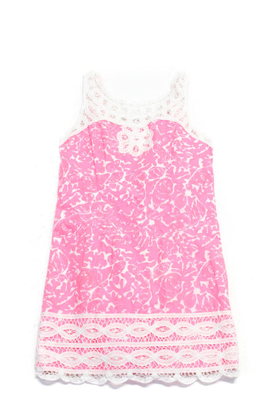 Lilly Pulitzer Girls Pink Cotton Printed Lace Trim Sleeveless Shift Dress Size10