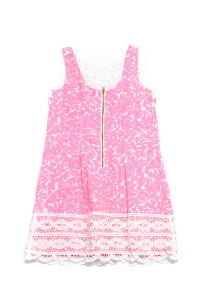 Lilly Pulitzer Girls Pink Cotton Printed Lace Trim Sleeveless Shift Dress Size10