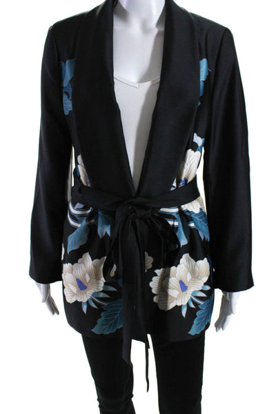 Zara Womens Open Front Floral Satin Belted Robe Jacket Black Blue Size XL