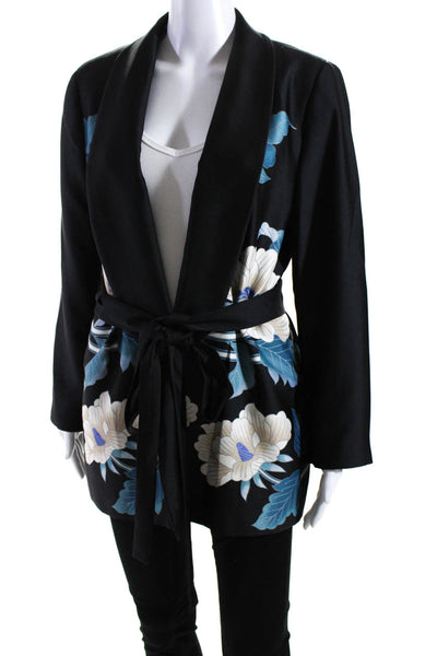 Zara Womens Open Front Floral Satin Belted Robe Jacket Black Blue Size XL