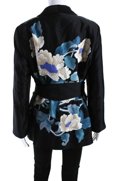 Zara Womens Open Front Floral Satin Belted Robe Jacket Black Blue Size XL