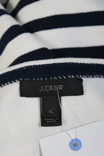 J Crew Womens Palm Tree Satin Patch Stripe Crew Neck Sweater White Navy Size XL