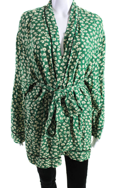 Ganni Womens Belted Leaf Print Crepe Kimono Robe Ecru Green Size FR 42