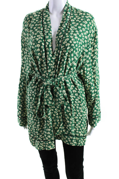 Ganni Womens Belted Leaf Print Crepe Kimono Robe Ecru Green Size FR 42