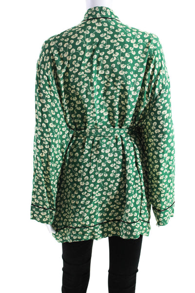 Ganni Womens Belted Leaf Print Crepe Kimono Robe Ecru Green Size FR 42