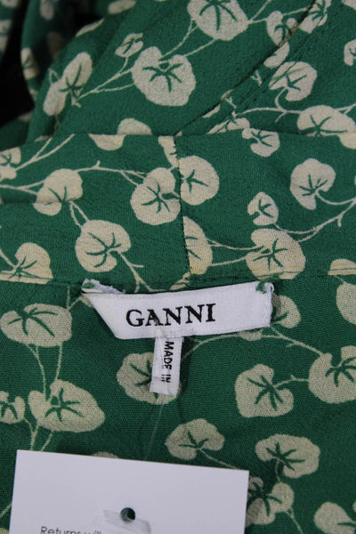 Ganni Womens Belted Leaf Print Crepe Kimono Robe Ecru Green Size FR 42