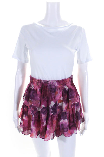 Love Shack Fancy Womens Silk Tiered A Line Mini Skirt Purple Pink Size Petite