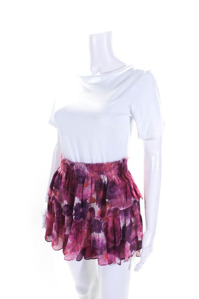 Love Shack Fancy Womens Silk Tiered A Line Mini Skirt Purple Pink Size Petite