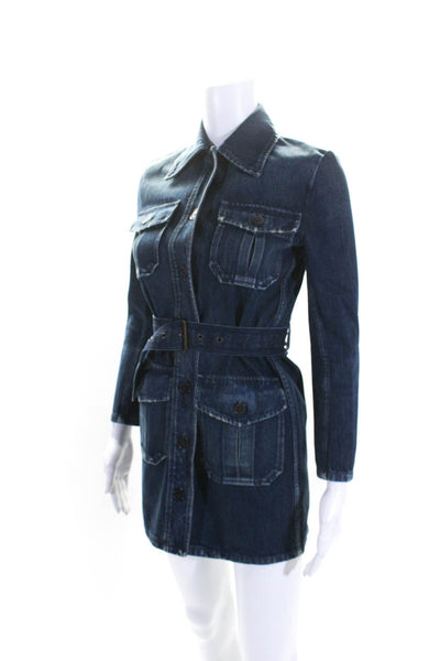 Saint Laurent Womens Denim Button Down Belted Dress Blue Size Extra Small