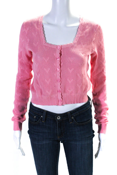 Love Shack Fancy Womens Cotton Knit Heart Print Cardigan Sweater Pink Size XS