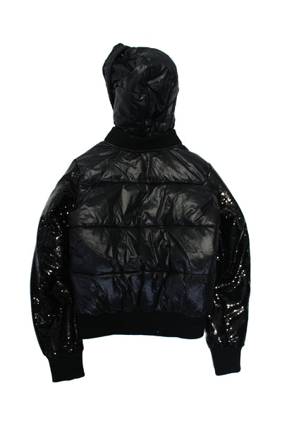 Generation Love Womens Sequin Two Pocket Hooded Puffer Coat Black Size XS