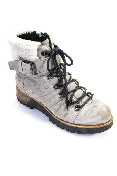 Manas Womens Gray Fuzzy High Top Buckle Combat Boots Shoes Size 8