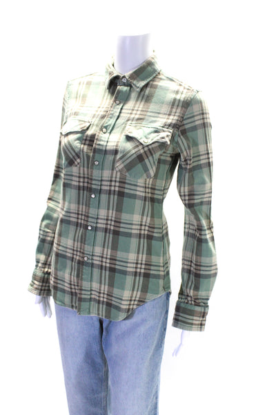 Ralph Lauren Womens Cotton Plaid Long Sleeve Button Up Blouse Top Green Size 6