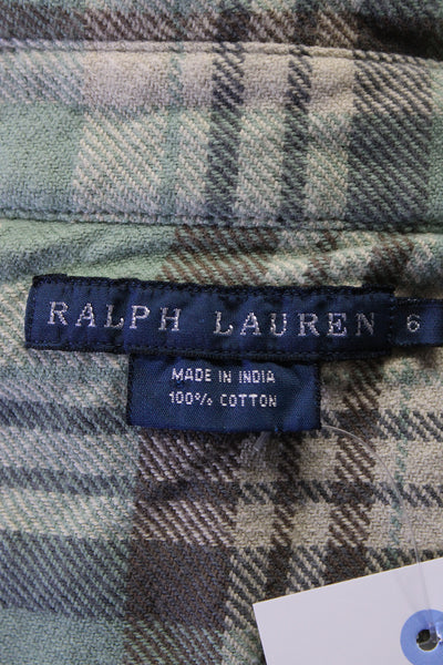 Ralph Lauren Womens Cotton Plaid Long Sleeve Button Up Blouse Top Green Size 6