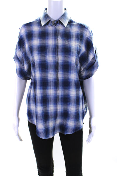 IRO Jeans Womens Cotton Plaid Short Sleeve Button Up Blouse Top Blue Size 34