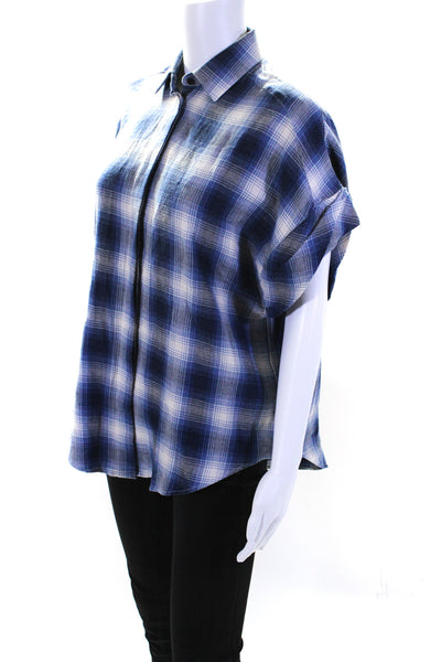 IRO Jeans Womens Cotton Plaid Short Sleeve Button Up Blouse Top Blue Size 34