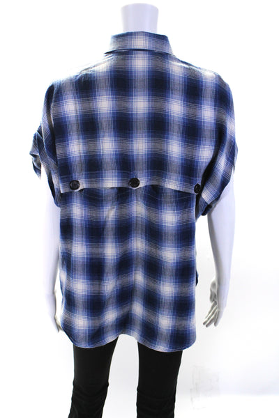 IRO Jeans Womens Cotton Plaid Short Sleeve Button Up Blouse Top Blue Size 34