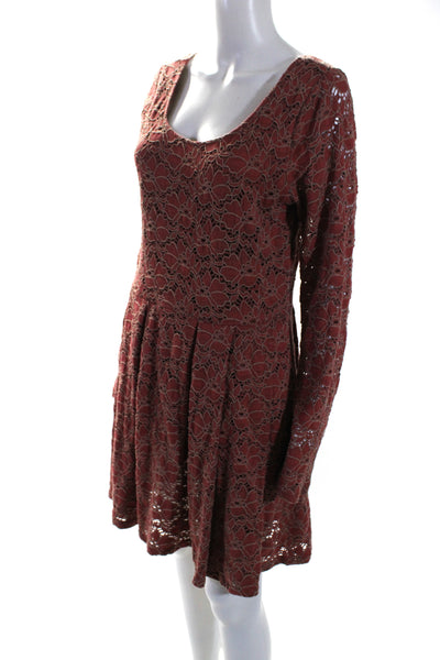 Free People Womens Long Sleeve Scoop Neck Mini Swing Dress Red Size Large